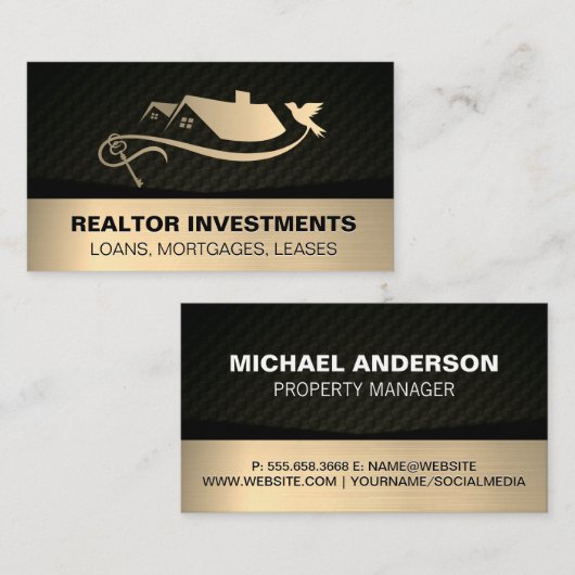 Goud Onroerend Goed en Sleutel Logo Visitekaartje (Voorkant / Achterkant)