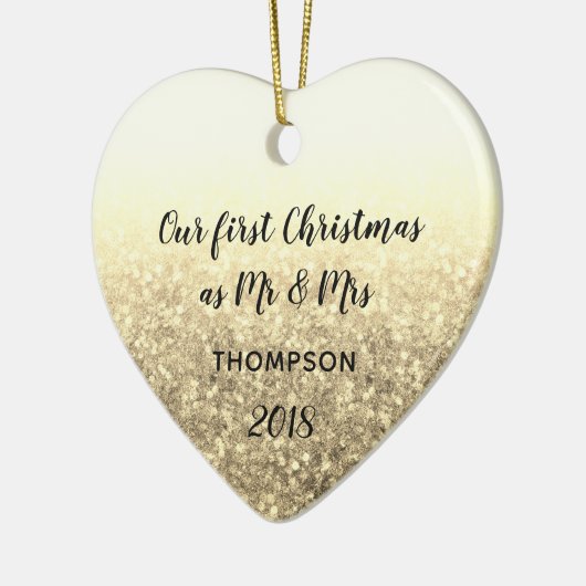 Goud onze eerste kerst meneer en mevrouw getrouwd  keramisch ornament (Links)