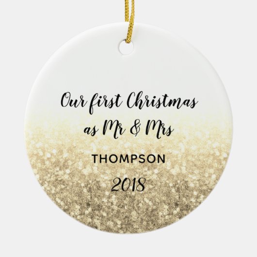 Goud onze eerste kerst meneer en mevrouw paar keramisch ornament (Voorkant)