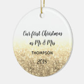 Goud onze eerste kerst meneer en mevrouw paar keramisch ornament (Links)