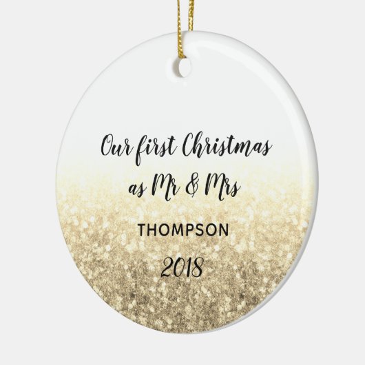 Goud onze eerste kerst meneer en mevrouw paar keramisch ornament (Links)
