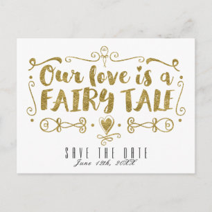 Goud ONZE LIEFDE IS EEN SPROOKJE Huwelijk Bewaar D Aankondigingskaart