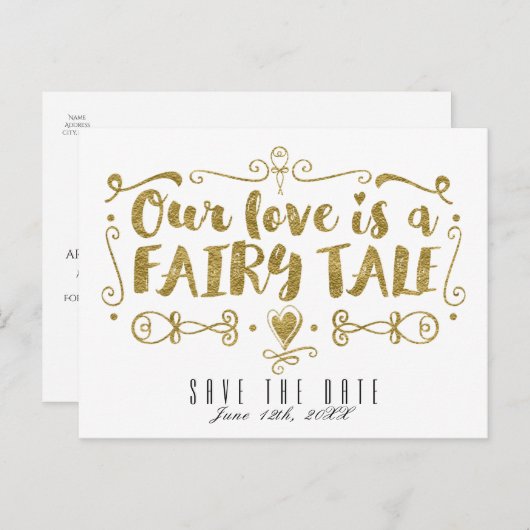 Goud ONZE LIEFDE IS EEN SPROOKJE Huwelijk Bewaar D Aankondigingskaart (Voorkant / Achterkant)