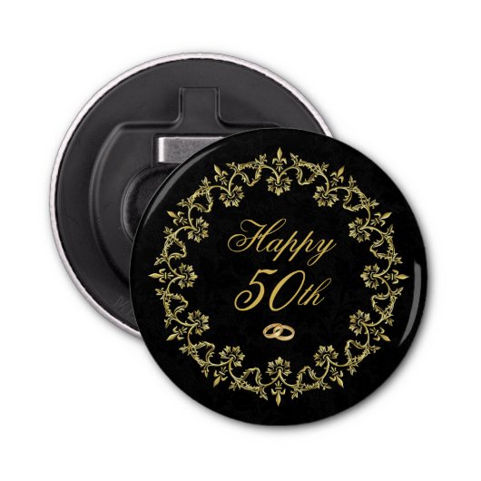 goud op Black 50th Wedding Jubileum Button Flesopener (Voorkant)