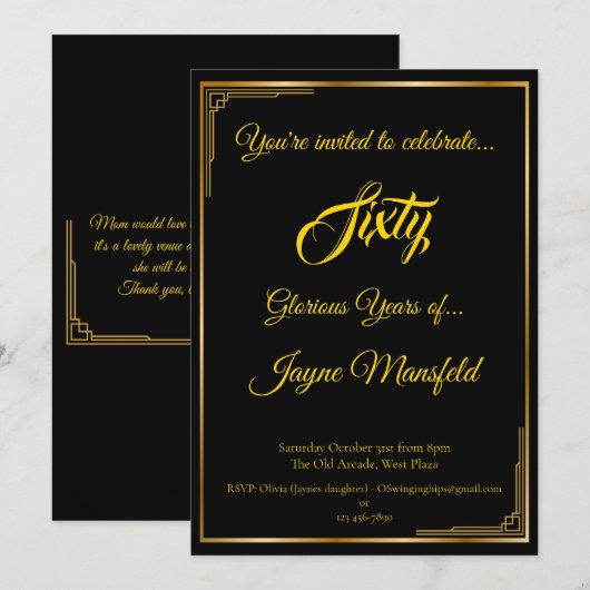 Goud op Black Art Deco verjaardagsfeestje uitnodig Kaart (Voorkant / Achterkant)