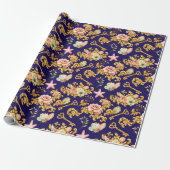 Goud op blauwe Acanthusbladeren Cadeaupapier (Uitgerold)