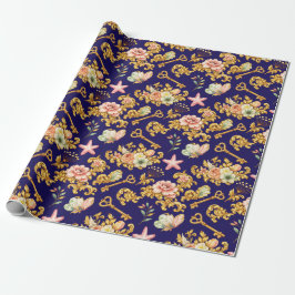 Goud op blauwe Acanthusbladeren Cadeaupapier