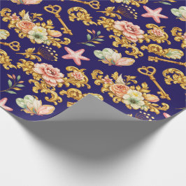 Goud op blauwe Acanthusbladeren Cadeaupapier