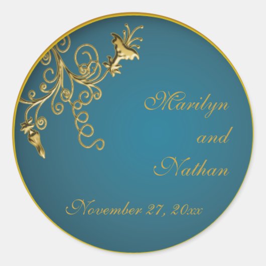 Goud op Blauwgroen Monogrammed 1.5"Ronde Sticker (Voorkant)