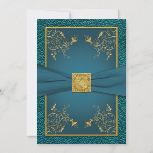 Goud op Blauwgroen Monogrammed Bruiloft Uitnodigin Kaart (Voorkant)