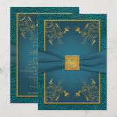 Goud op Blauwgroen Monogrammed Bruiloft Uitnodigin Kaart (Voorkant / Achterkant)