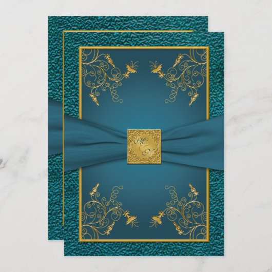Goud op Blauwgroen Monogrammed Bruiloft Uitnodigin Kaart (Voorkant / Achterkant)