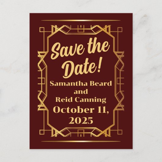 Goud op Bourgogne Art Deco Save-the-Date Briefkaart (Voorkant)