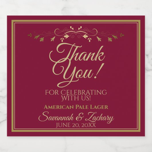Goud op Bourgogne maroon bruiloft Hartelijk dank Bier Etiket (Enkel label)