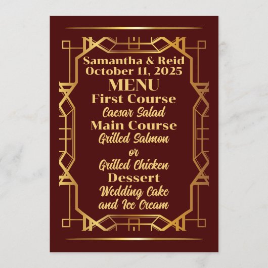 Goud op Bourgondische Art Deco bruiloft Menu (Voorkant)