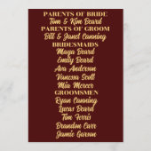 Goud op Bourgondische Art Deco bruiloft Programmakaart (Achterkant)