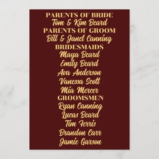 Goud op Bourgondische Art Deco bruiloft Programmakaart (Achterkant)