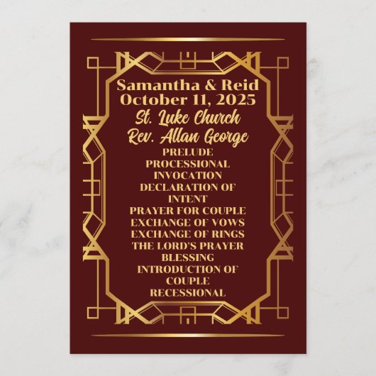 Goud op Bourgondische Art Deco bruiloft Programmakaart (Voorkant)