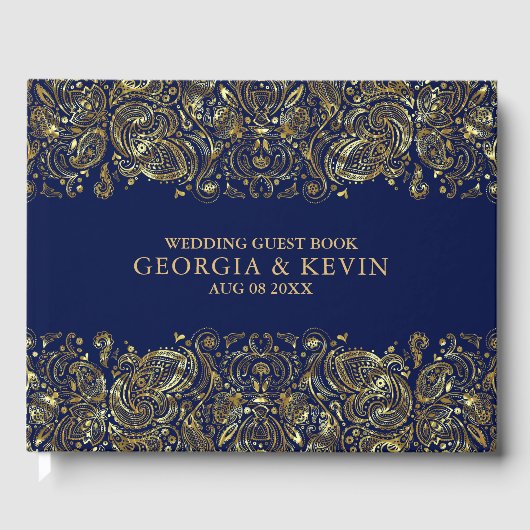 Goud op donkerblauwe Floral Paisley Lace Gastenboek (Voorkant)