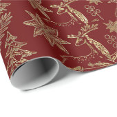 Goud op donkerrood kerstsymbolen patroon cadeaupapier (Rol Hoek)