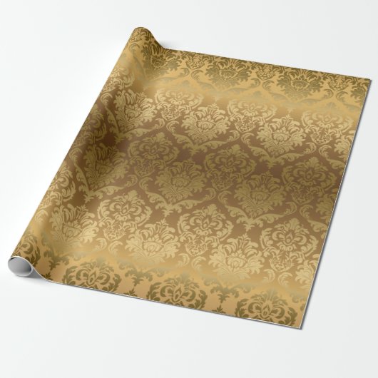 Goud op gouden florale damaspatroon cadeaupapier (Uitgerold)