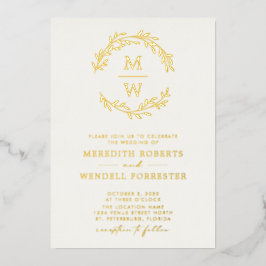Goud op het Cream Monogram Wreath Wedding Folie Uitnodiging