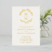 Goud op het Cream Monogram Wreath Wedding Folie Uitnodiging (Staand Voorkant)
