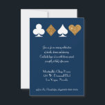 Goud op Navy Blue Las Vegas Wedding Reception Kaar Kaart<br><div class="desc">Deze bruiloft uitnodiging extra informatie ontvangst kaart is perfect voor een Las Vegas viering, na feest of receptie en beschikt over faux gouden glitter en witte kaart pak symbolen op een marine blauwe achtergrond met volledig gepersonaliseerde tekst. Fancy bruiloft of een simpele vlucht, alles wat je nodig hebt is liefde...</div>