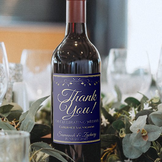 Goud op Navy Blue Wedding Dank je Wijn Etiket