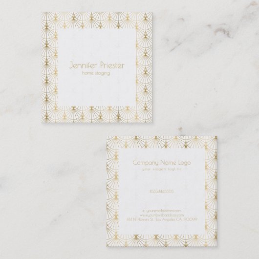 Goud op wit art-deco-patroon vierkante visitekaartje (Voorkant / Achterkant)