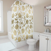 Goud op wit  bloemdamastpatroon douchegordijn (In situ)