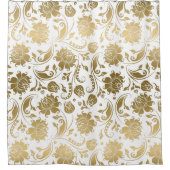 Goud op wit  bloemdamastpatroon douchegordijn (Voorkant)