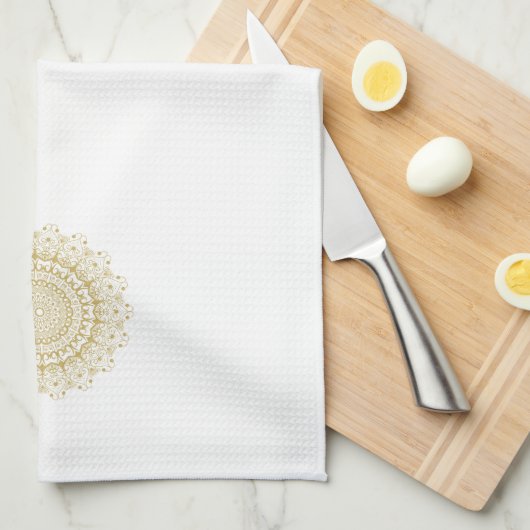 Goud op wit patroon theedoek (Quarter Fold)