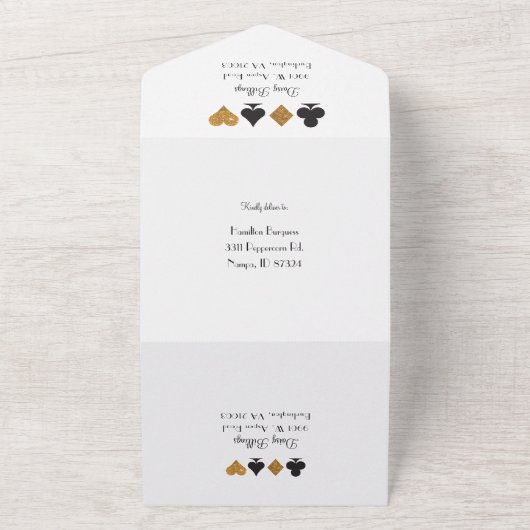 Goud op Witte Faux Glitter Las Vegas Bruiloft All In One Uitnodiging (Buitenkant)