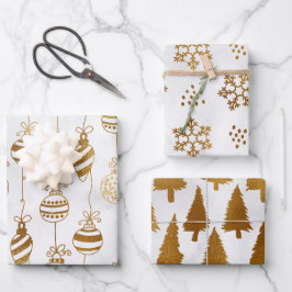 Goud op witte kerstbomen. Baubles, Snowflakes Inpakpapier Vel