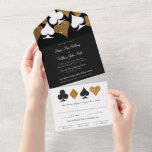Goud op zwart faux glitter Las Vegas bruiloft All In One Uitnodiging<br><div class="desc">Deze handige all-in-one bruiloft uitnodiging beschikt over elegante typografie en een accent grafisch van speelkaartpakken in wit en goud faux glitter. Perfect voor een Las Vegas bruiloft in een kleine kapel van de strip,  alles wat je nodig hebt is liefde en een getuige of twee!</div>