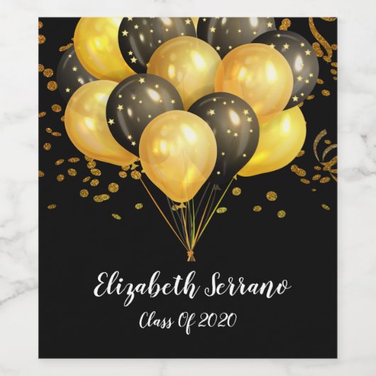 Goud op zwarte ballonnen & Confetti afstudeerfeest Wijn Etiket (Enkel label)
