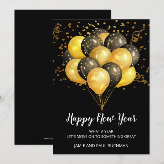 Goud op zwarte ballonnen Confetti Gelukkig Nieuwja Feestdagenkaart (Voorkant / Achterkant)