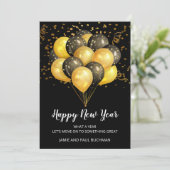 Goud op zwarte ballonnen Confetti Gelukkig Nieuwja Feestdagenkaart (Staand voorkant)