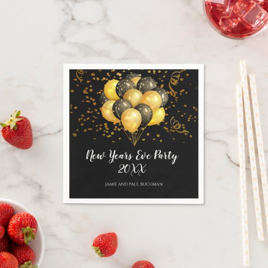 Goud op zwarte ballonnen en Confetti New Years Eve Servet (Insitu)