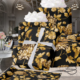 Goud op zwarte moderne Grote Floral Toile Cadeaupapier