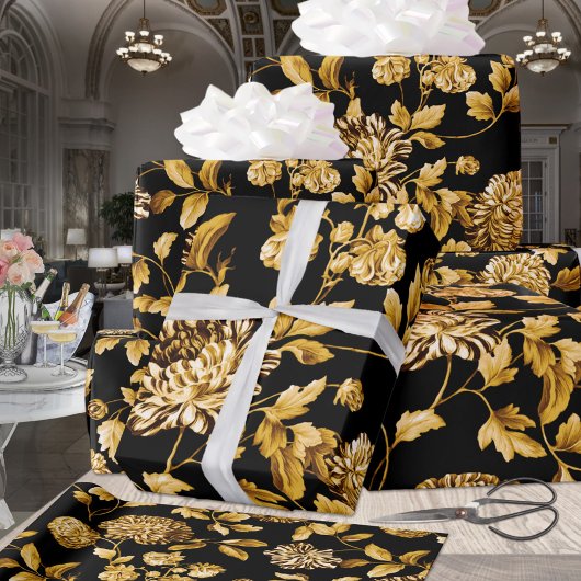 Goud op zwarte moderne  Grote Floral Toile Cadeaupapier