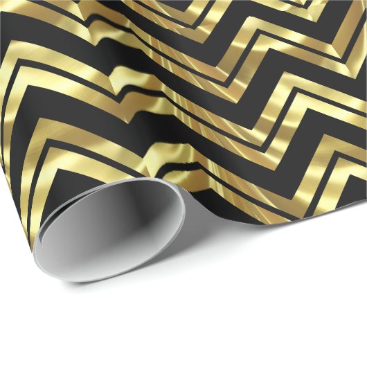 Goud op zwarte zigzag Chevron Geometric Pattern Cadeaupapier (Rol Hoek)