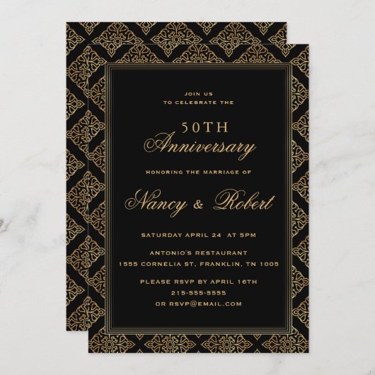Goud Ornament Lijst Zwart 50ste bruiloft Jubileum Kaart (Voorkant / Achterkant)
