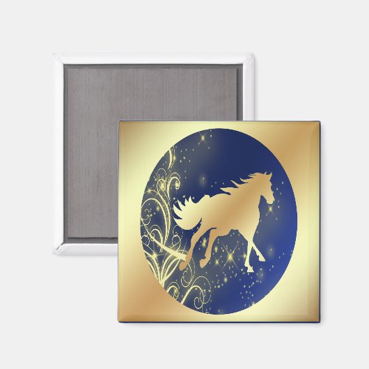 Goud paard met gouden accenten op blauw en goud magneet (Voorkant / Achterkant)