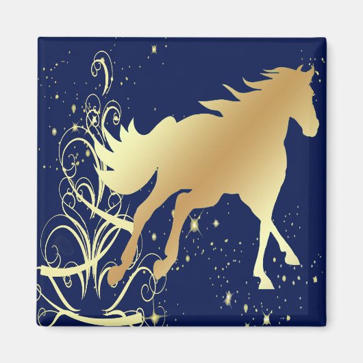 Goud paard met gouden accenten op blauwe magneet (Voorkant)
