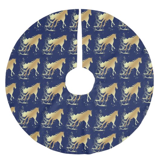 Goud paard met ongelukken op blauw vakantiegolf kerstboom rok (Voorkant)