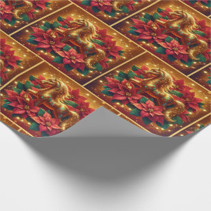 Goud Paard Met Poinsettias en Lichten Kerstmis Cadeaupapier