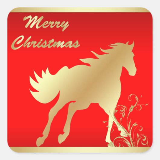 Goud Paard op Rode Vrolijke Kerstmis Vierkante Sticker (Voorkant)