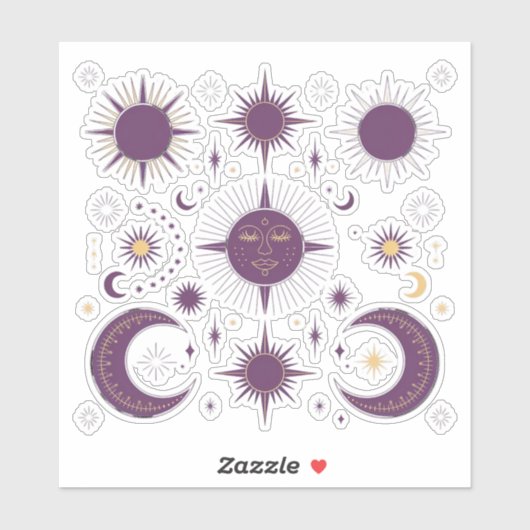 Goud & Paars Boho Hemels Zon & Maan Scrapbook Sticker (Vel)